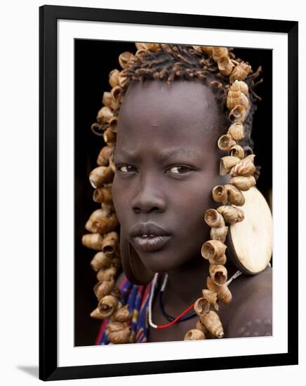 Portrait of Mursi Girl, Omo Valley, Ethiopia-Peter Adams-Framed Photographic Print
