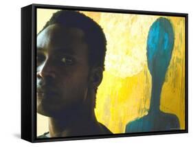 Portrait of Nigerian Artist Erhabor Emokpae Standing Next to One of His Colorful Paintings-Carlo Bavagnoli-Framed Stretched Canvas