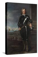 Portrait of Oliver Cromwell (1599-1658) in Armour, a Seascape and Battle Beyond, Late 1650S-null-Stretched Canvas