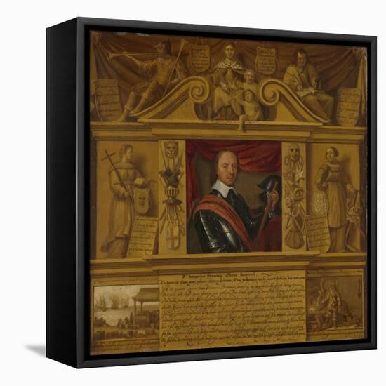 Portrait of Oliver Cromwell, in a Frame with Allegorical Figures and Historical Representations-null-Framed Stretched Canvas