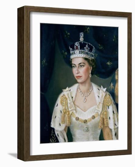 Portrait of Queen Elizabeth II wearing coronation robes and the Imperial State Crown-Lydia de Burgh-Framed Giclee Print