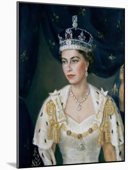Portrait of Queen Elizabeth II wearing coronation robes and the Imperial State Crown-Lydia de Burgh-Mounted Giclee Print
