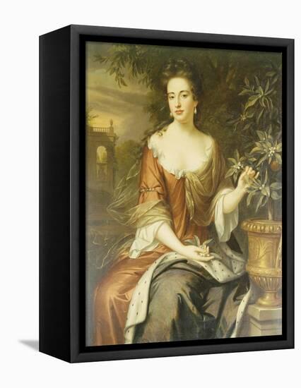 Portrait of Queen Mary II, Wearing a Blue and Red Dress and Holding a Sprig of Orange Blossom-William Wissing-Framed Stretched Canvas