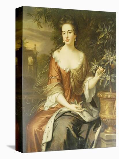 Portrait of Queen Mary II, Wearing a Blue and Red Dress and Holding a Sprig of Orange Blossom-William Wissing-Stretched Canvas