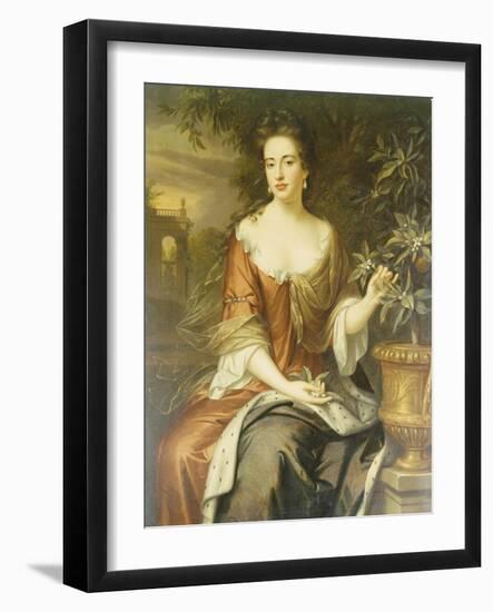 Portrait of Queen Mary II, Wearing a Blue and Red Dress and Holding a Sprig of Orange Blossom-William Wissing-Framed Giclee Print