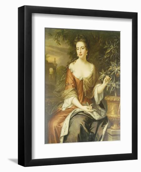 Portrait of Queen Mary II, Wearing a Blue and Red Dress and Holding a Sprig of Orange Blossom-William Wissing-Framed Giclee Print