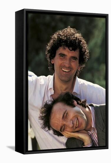 Portrait of Roberto Benigni and Massimo Troisi Smiling-null-Framed Stretched Canvas