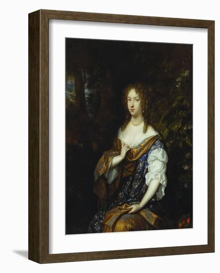 Portrait of Sara Nuyts (1645-1723), (Wife of Lambert Witsen), in an Orange, Blue and White Dress-Caspar Netscher-Framed Giclee Print