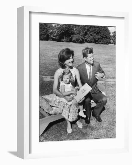 Portrait of Senator John F. Kennedy with Wife Jackie and Daughter Caroline Outside at Summer Home-Paul Schutzer-Framed Photographic Print