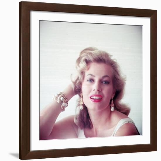 Portrait of Swedish-Born Actress Anita Ekberg with Ornate Bracelet and Earrings-Allan Grant-Framed Premium Photographic Print