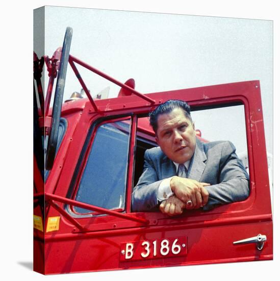 Portrait of Teamsters Union Pres. Jimmy Hoffa Leaning Out Window of Red Truck-Hank Walker-Stretched Canvas