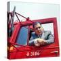 Portrait of Teamsters Union Pres. Jimmy Hoffa Leaning Out Window of Red Truck-Hank Walker-Stretched Canvas