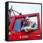 Portrait of Teamsters Union Pres. Jimmy Hoffa Leaning Out Window of Red Truck-Hank Walker-Framed Stretched Canvas