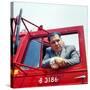 Portrait of Teamsters Union Pres. Jimmy Hoffa Leaning Out Window of Red Truck-Hank Walker-Stretched Canvas