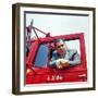 Portrait of Teamsters Union Pres. Jimmy Hoffa Leaning Out Window of Red Truck-Hank Walker-Framed Premium Photographic Print