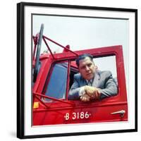 Portrait of Teamsters Union Pres. Jimmy Hoffa Leaning Out Window of Red Truck-Hank Walker-Framed Premium Photographic Print