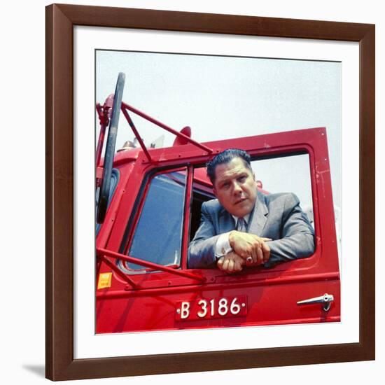 Portrait of Teamsters Union Pres. Jimmy Hoffa Leaning Out Window of Red Truck-Hank Walker-Framed Premium Photographic Print