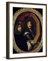 Portrait of the Artist Holding the Portrait of a Military by Charles Le Brun-null-Framed Giclee Print