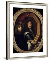 Portrait of the Artist Holding the Portrait of a Military by Charles Le Brun-null-Framed Giclee Print