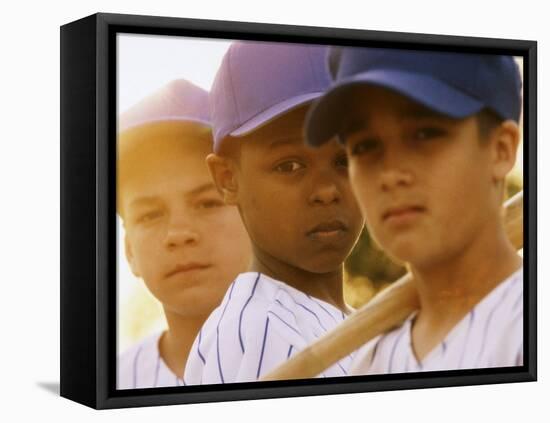Portrait of Three Boys in Full Baseball Uniforms-null-Framed Stretched Canvas