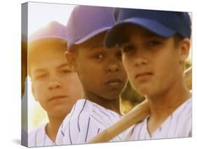 Portrait of Three Boys in Full Baseball Uniforms-null-Stretched Canvas