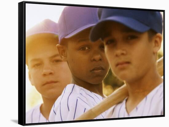 Portrait of Three Boys in Full Baseball Uniforms-null-Framed Stretched Canvas