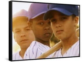 Portrait of Three Boys in Full Baseball Uniforms-null-Framed Stretched Canvas