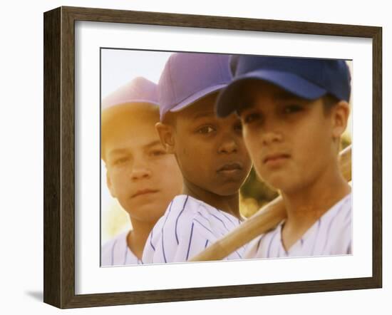 Portrait of Three Boys in Full Baseball Uniforms-null-Framed Premium Photographic Print
