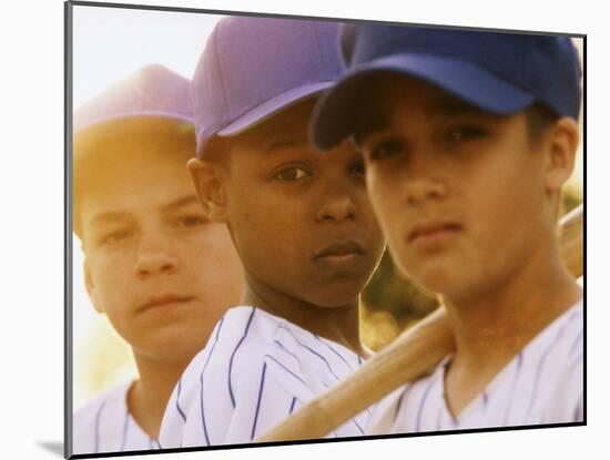 Portrait of Three Boys in Full Baseball Uniforms-null-Mounted Photographic Print