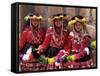 Portrait of Three Smiling Local Peruvian Girls in Traditional Dance Dress, Peru-Gavin Hellier-Framed Stretched Canvas
