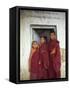 Portrait of Three Tibetan Buddhist Monks, Tashi Jong Monastery, Tibet, China-Simon Westcott-Framed Stretched Canvas