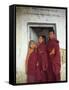 Portrait of Three Tibetan Buddhist Monks, Tashi Jong Monastery, Tibet, China-Simon Westcott-Framed Stretched Canvas