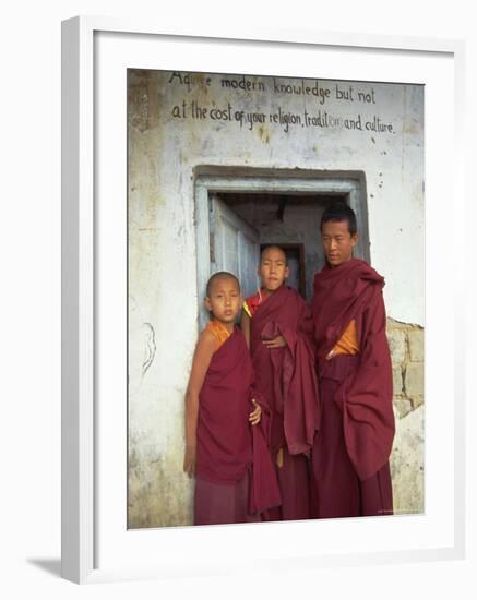 Portrait of Three Tibetan Buddhist Monks, Tashi Jong Monastery, Tibet, China-Simon Westcott-Framed Photographic Print