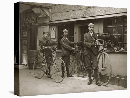 Portrait of Three Young Men with Bicycles Outside a Train Station, Kent, UK, C.1920-null-Stretched Canvas