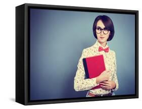 Portrait of Trendy Hipster Girl with a Book-brickrena-Framed Stretched Canvas