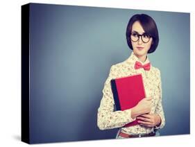 Portrait of Trendy Hipster Girl with a Book-brickrena-Stretched Canvas