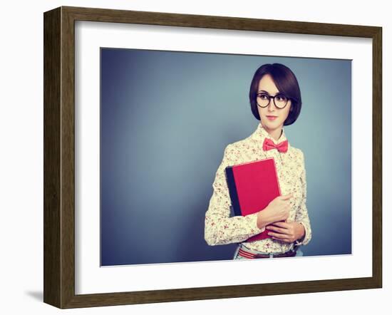 Portrait of Trendy Hipster Girl with a Book-brickrena-Framed Photographic Print