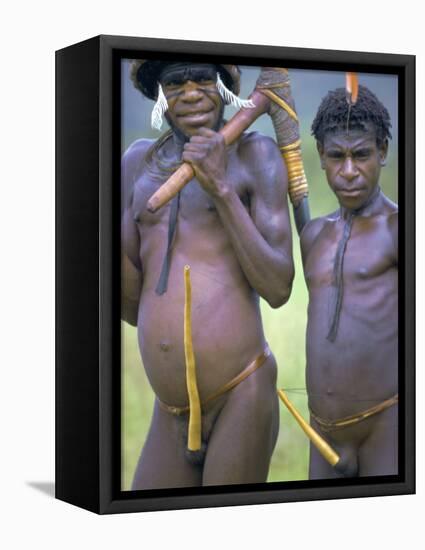 Portrait of Two Dani Tribesmen Wearing Penis Gourds, Irian Jaya, New Guinea, Indonesia-Claire Leimbach-Framed Stretched Canvas