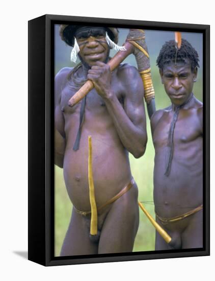 Portrait of Two Dani Tribesmen Wearing Penis Gourds, Irian Jaya, New Guinea, Indonesia-Claire Leimbach-Framed Stretched Canvas