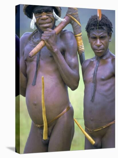 Portrait of Two Dani Tribesmen Wearing Penis Gourds, Irian Jaya, New Guinea, Indonesia-Claire Leimbach-Stretched Canvas