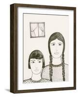 Portrait of Two Girls, Black and White Drawing-Marie Bertrand-Framed Giclee Print