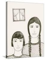 Portrait of Two Girls, Black and White Drawing-Marie Bertrand-Stretched Canvas