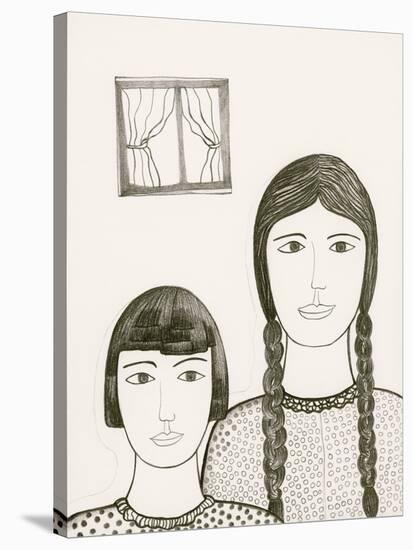 Portrait of Two Girls, Black and White Drawing-Marie Bertrand-Stretched Canvas