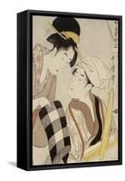 Portrait of Two Women, One Seated at a Loom and the Other Showing a Black and White Checkered cloth-Kitagawa Utamaro-Framed Stretched Canvas