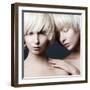 Portrait of Two Young Beautiful Girls Twins in the Studio, Closeup-Yuliya Yafimik-Framed Photographic Print