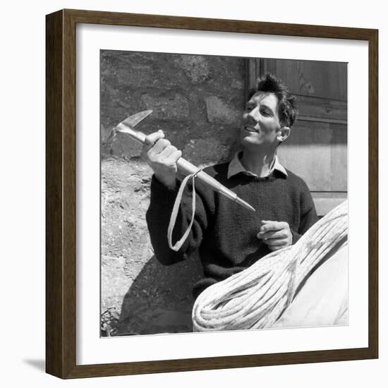 Portrait of Walter Bonatti Smiling with a Climbing Pickaxe in His Hands-Sergio del Grande-Framed Giclee Print