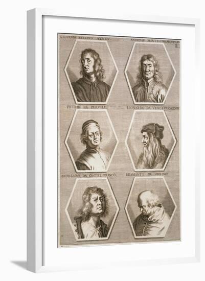 Portraits of Giovanni Bellini, Andrea Mantegna, Perugino, Leonardo Da Vinci, Giorgione and Bramante-null-Framed Giclee Print