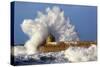 Portreath Wave Breaks over Pier in Storm-null-Stretched Canvas