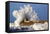 Portreath Wave Breaks over Pier in Storm-null-Framed Stretched Canvas