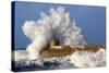 Portreath Wave Breaks over Pier in Storm-null-Stretched Canvas